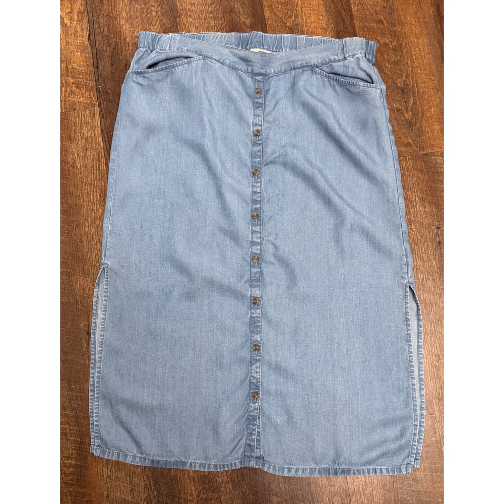 J. Jill Denim Tencel Button Front Midi Skirt L Petite Chambray Coastal Boho